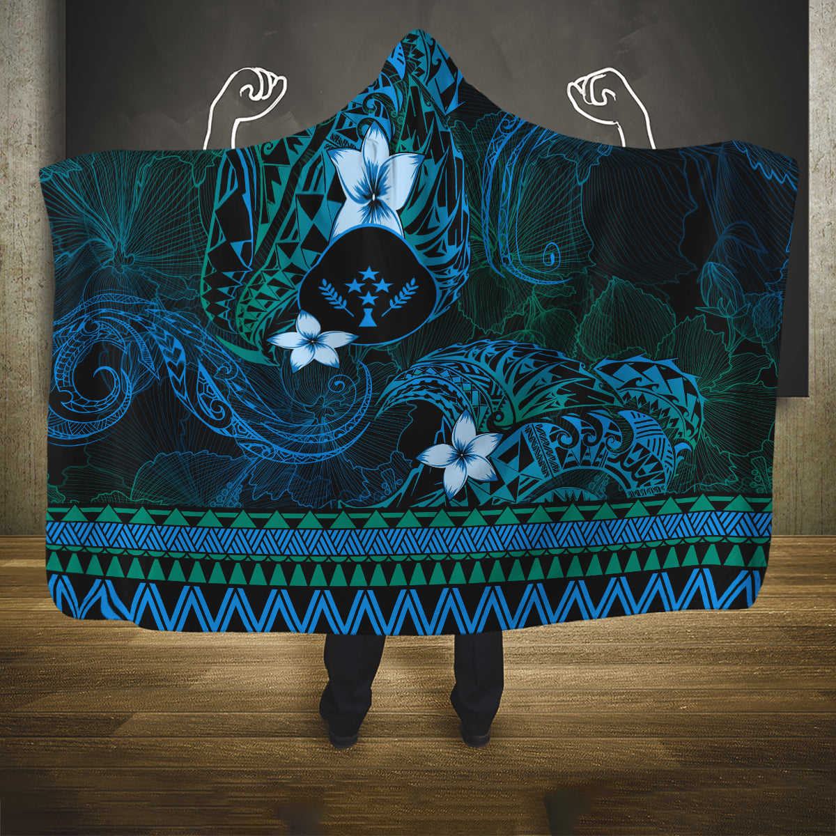 FSM Kosrae State Hooded Blanket Tribal Pattern Ocean Version LT01 One Size Blue - Polynesian Pride