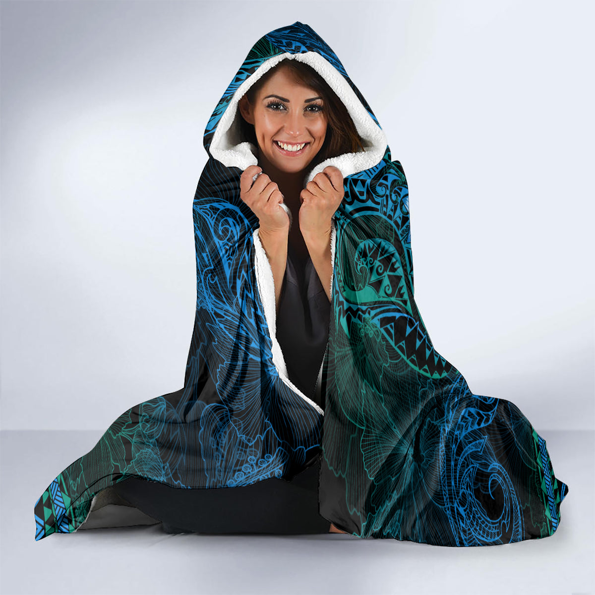 FSM Kosrae State Hooded Blanket Tribal Pattern Ocean Version LT01 - Polynesian Pride