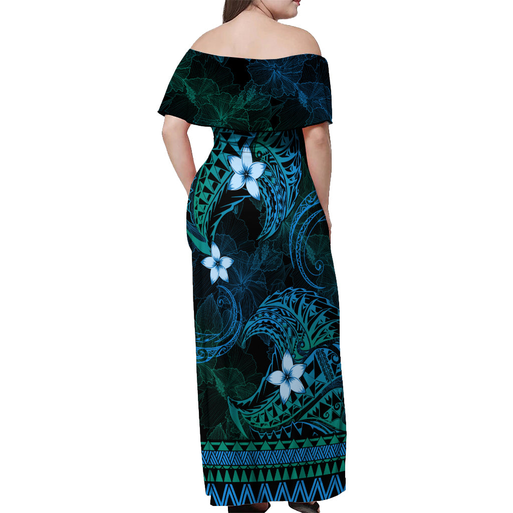 FSM Kosrae State Off Shoulder Maxi Dress Tribal Pattern Ocean Version LT01 - Polynesian Pride
