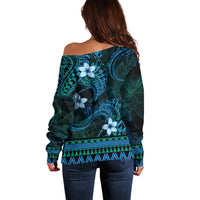 FSM Kosrae State Off Shoulder Sweater Tribal Pattern Ocean Version LT01 - Polynesian Pride