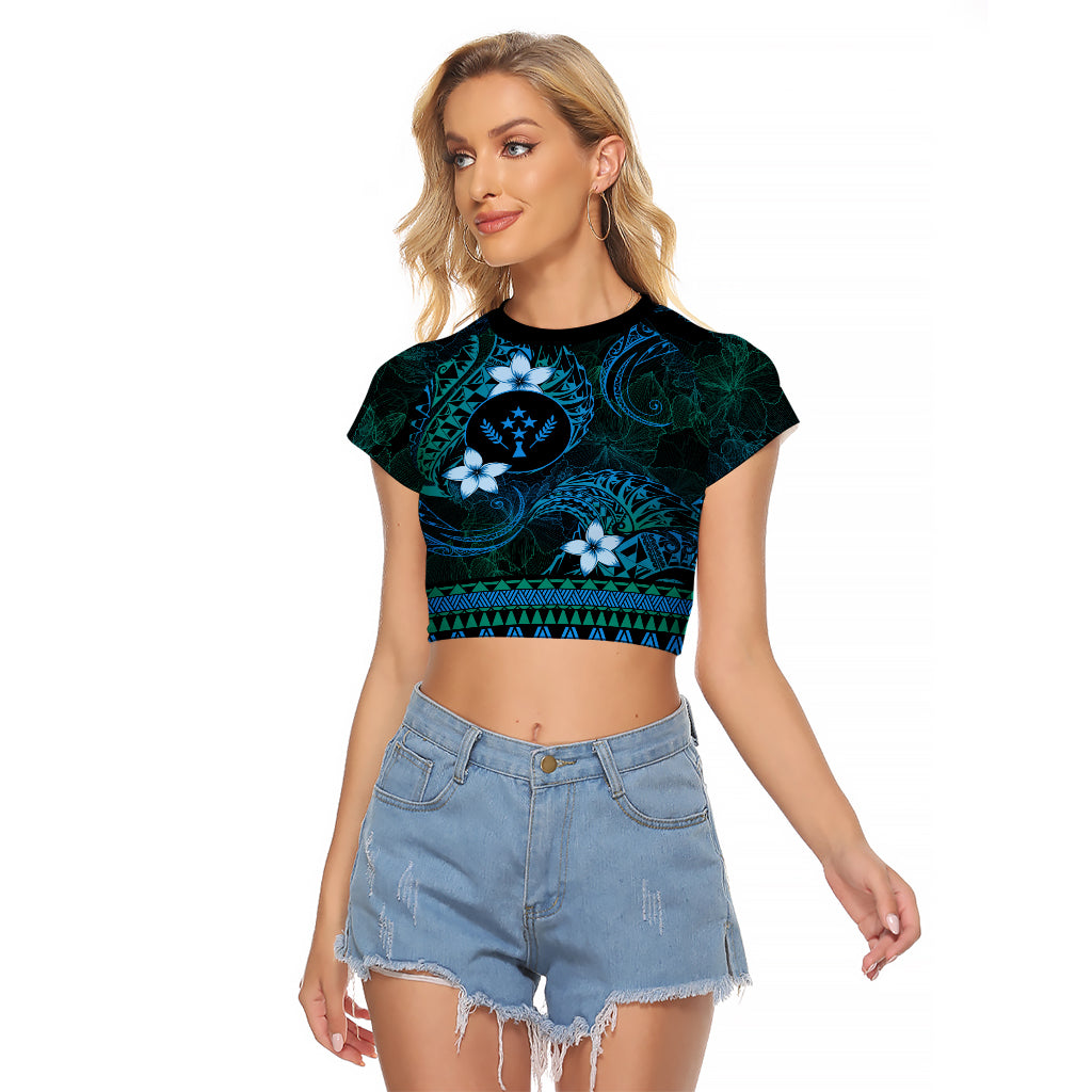 FSM Kosrae State Raglan Cropped T Shirt Tribal Pattern Ocean Version LT01 Female Blue - Polynesian Pride