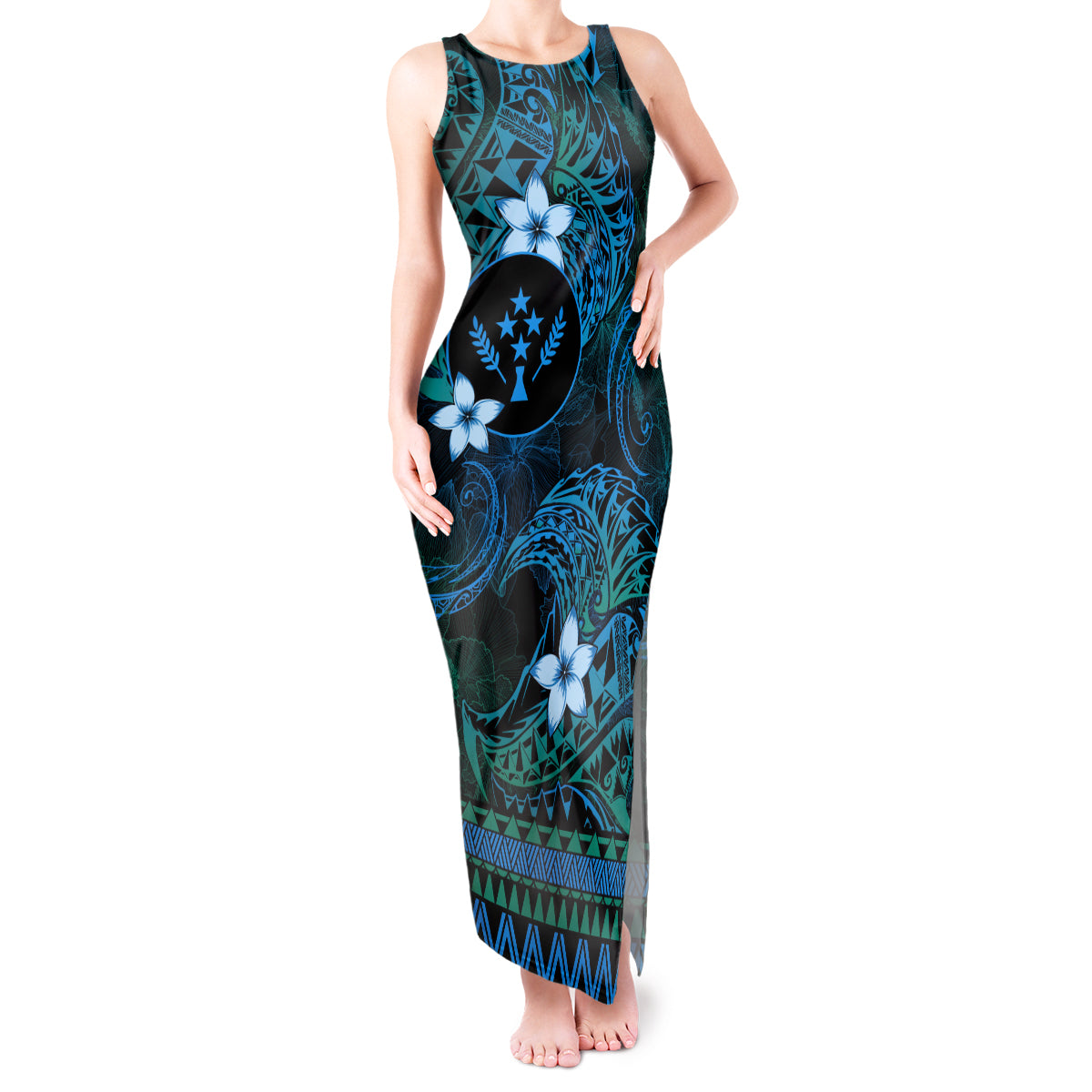 FSM Kosrae State Tank Maxi Dress Tribal Pattern Ocean Version LT01 Women Blue - Polynesian Pride