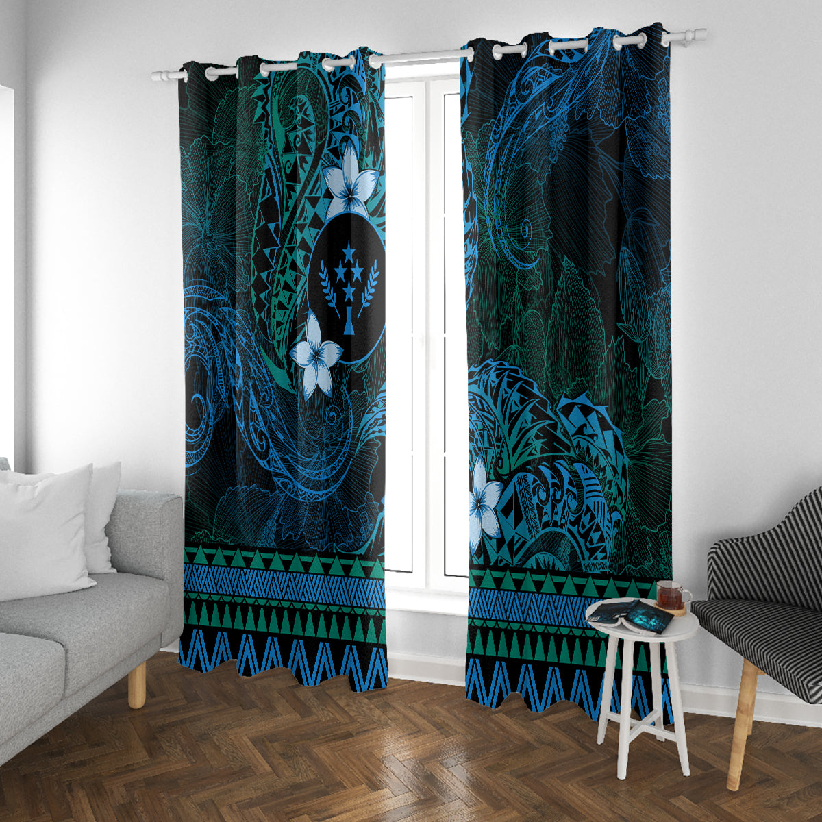 FSM Kosrae State Window Curtain Tribal Pattern Ocean Version LT01 With Grommets Blue - Polynesian Pride