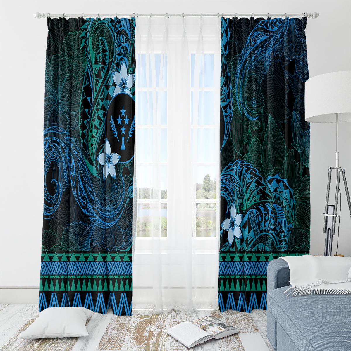 FSM Kosrae State Window Curtain Tribal Pattern Ocean Version LT01 - Polynesian Pride