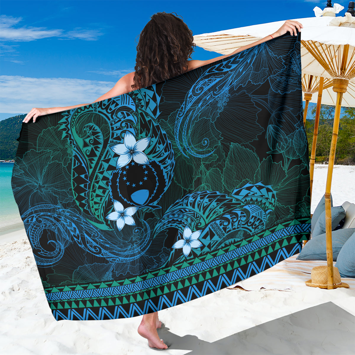 FSM Pohnpei State Sarong Tribal Pattern Ocean Version LT01 One Size 44 x 66 inches Blue - Polynesian Pride