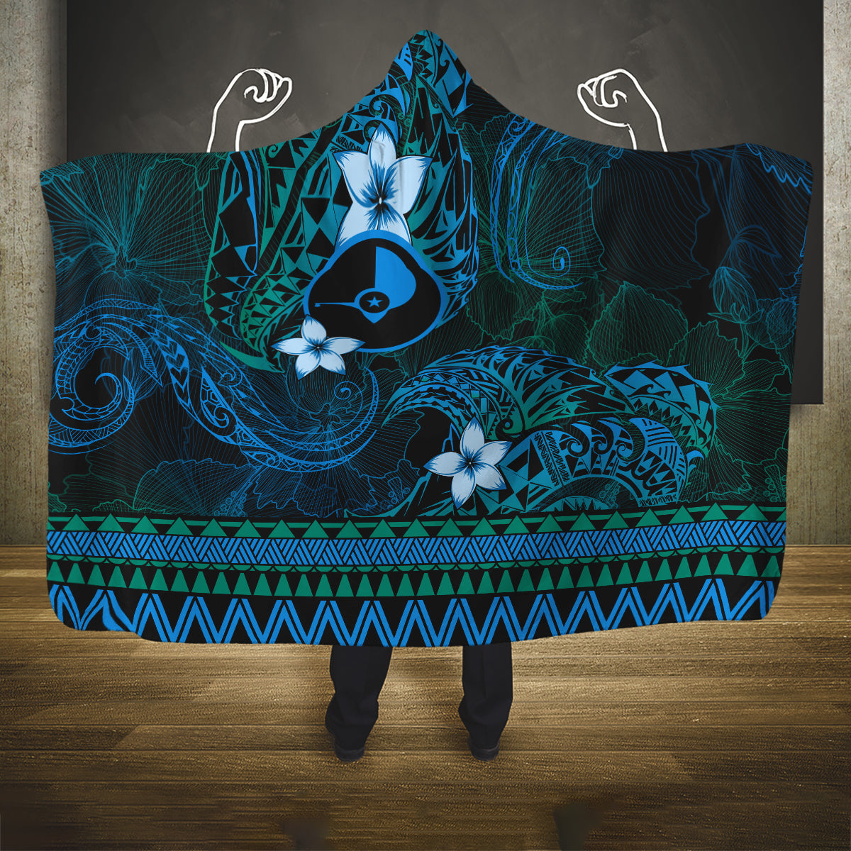 FSM Yap State Hooded Blanket Tribal Pattern Ocean Version LT01 One Size Blue - Polynesian Pride