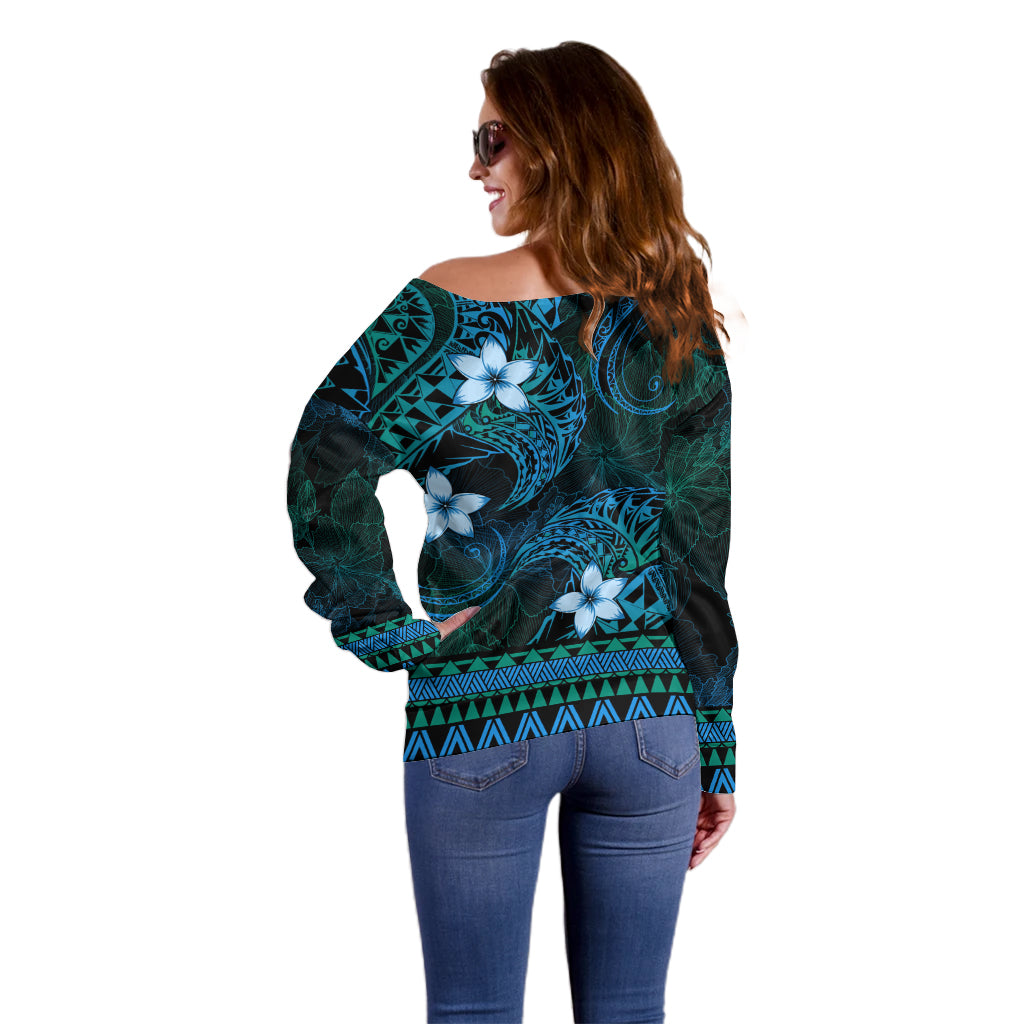 FSM Yap State Off Shoulder Sweater Tribal Pattern Ocean Version LT01 - Polynesian Pride