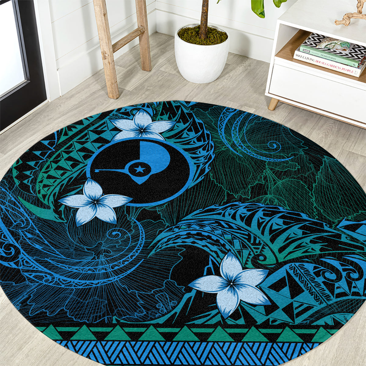 FSM Yap State Round Carpet Tribal Pattern Ocean Version LT01 Blue - Polynesian Pride