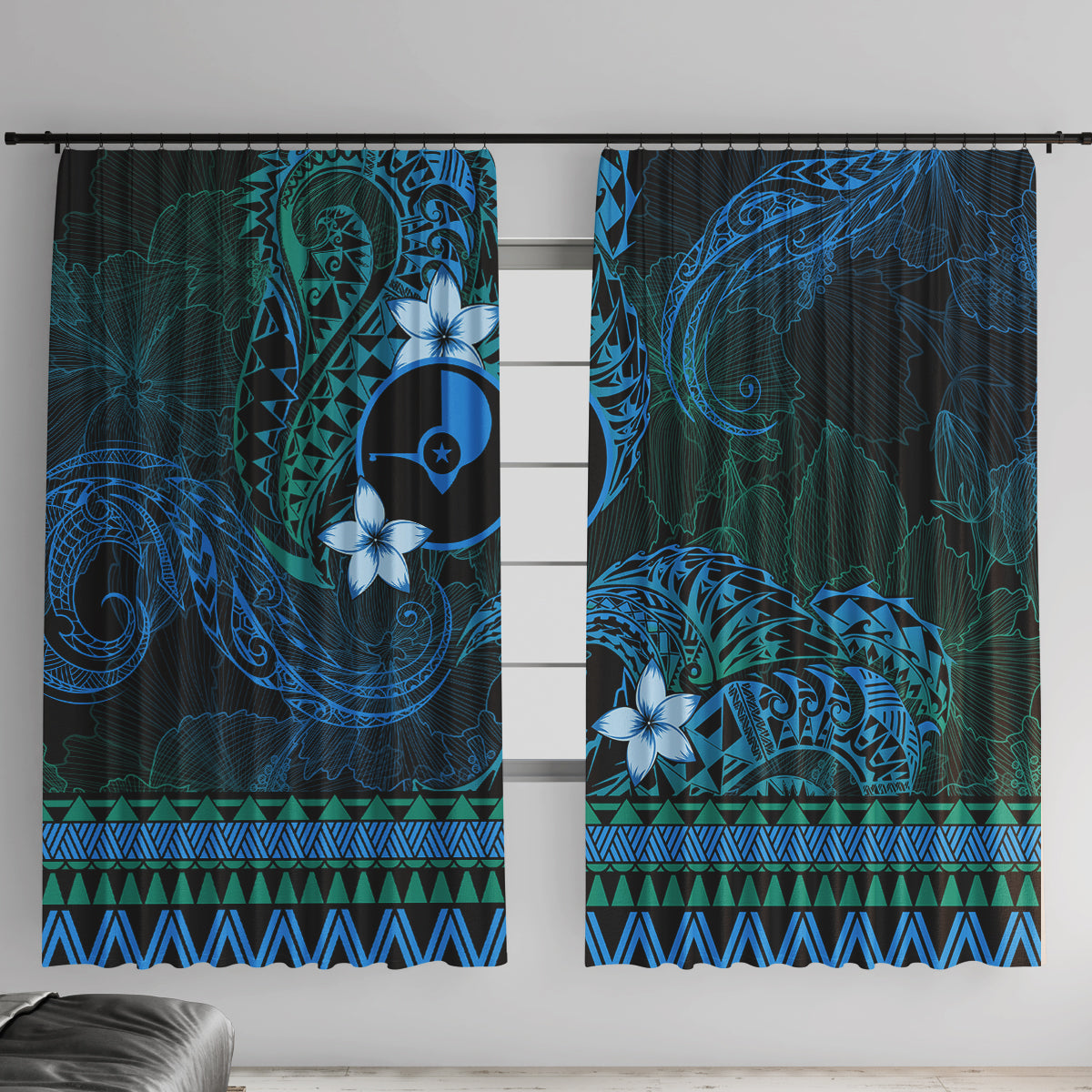 FSM Yap State Window Curtain Tribal Pattern Ocean Version LT01 With Hooks Blue - Polynesian Pride