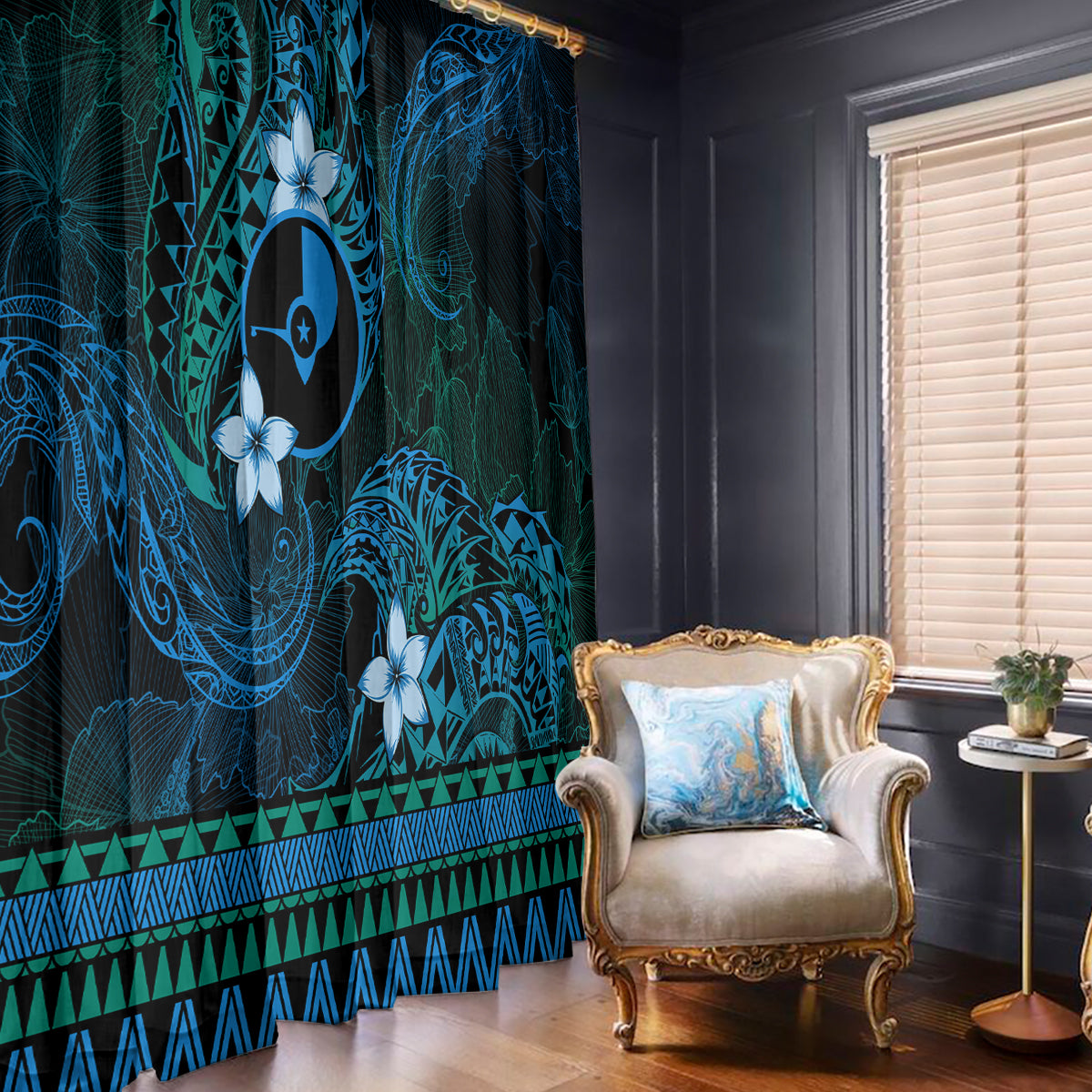 FSM Yap State Window Curtain Tribal Pattern Ocean Version LT01 - Polynesian Pride