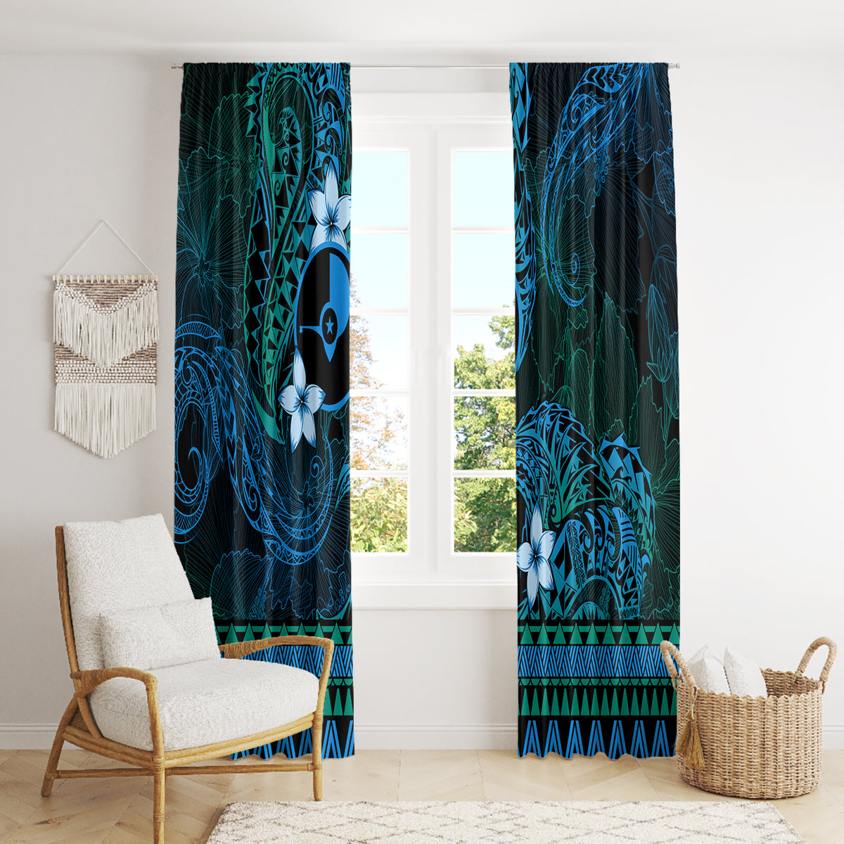 FSM Yap State Window Curtain Tribal Pattern Ocean Version LT01 - Polynesian Pride