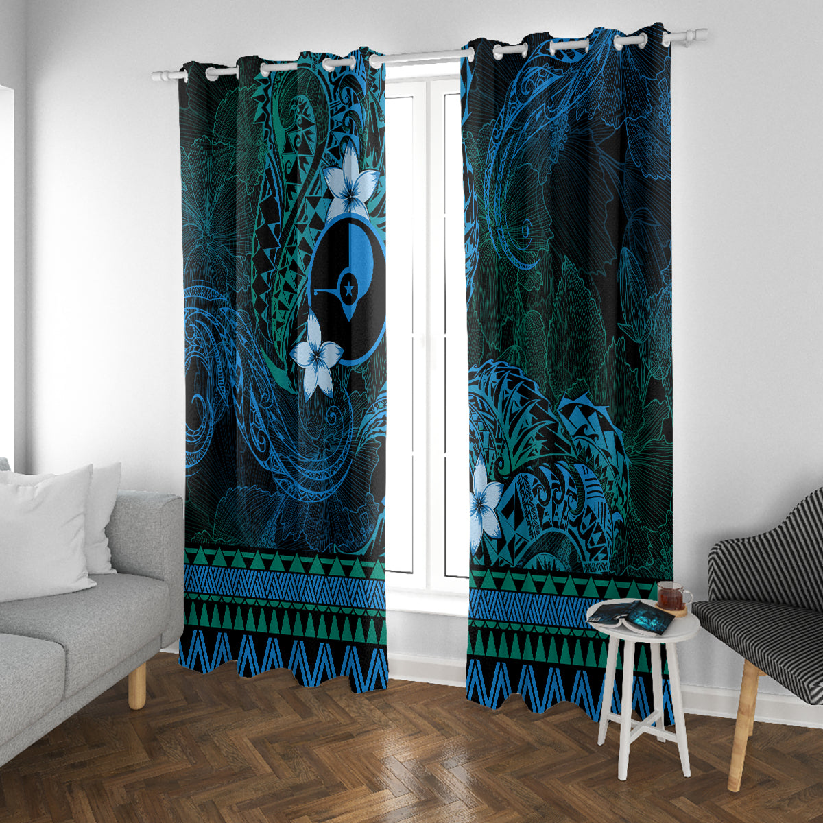 FSM Yap State Window Curtain Tribal Pattern Ocean Version LT01 With Grommets Blue - Polynesian Pride