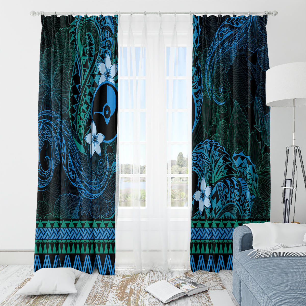 FSM Yap State Window Curtain Tribal Pattern Ocean Version LT01 - Polynesian Pride