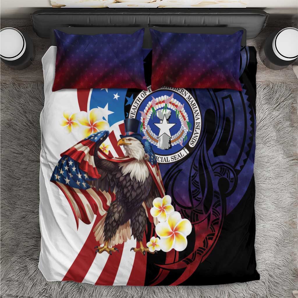Northern Mariana Islands 4th of July Bedding Set Plumeria USA Eagle LT01 Multicolor - Polynesian Pride