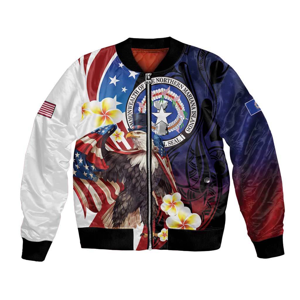 Personalized Northern Mariana Islands 4th of July Bomber Jacket Plumeria USA Eagle LT01 Unisex Multicolor - Polynesian Pride