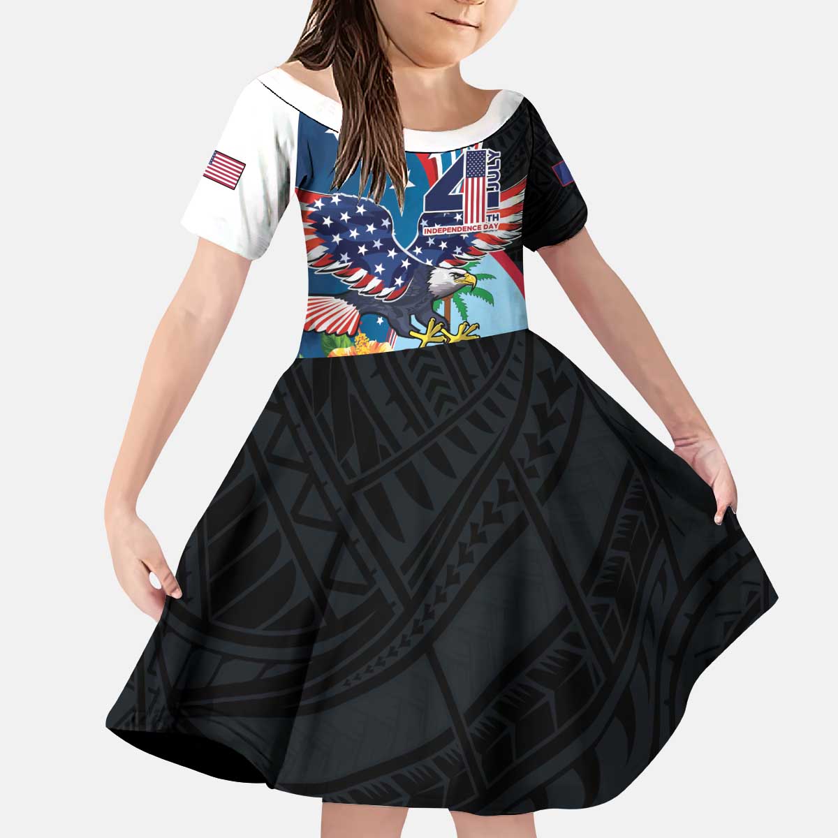 Personalized Guam Fourth of July Kid Short Sleeve Dress Tropical Flowers LT01 KID Multicolor - Polynesian Pride