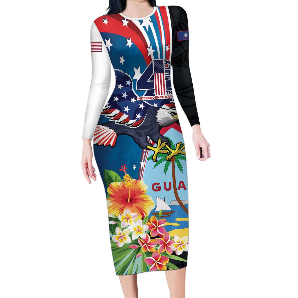 Personalized Guam Fourth of July Long Sleeve Bodycon Dress Tropical Flowers LT01 Long Dress Multicolor - Polynesian Pride
