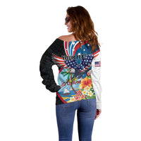 Personalized Guam Fourth of July Off Shoulder Sweater Tropical Flowers LT01 - Polynesian Pride