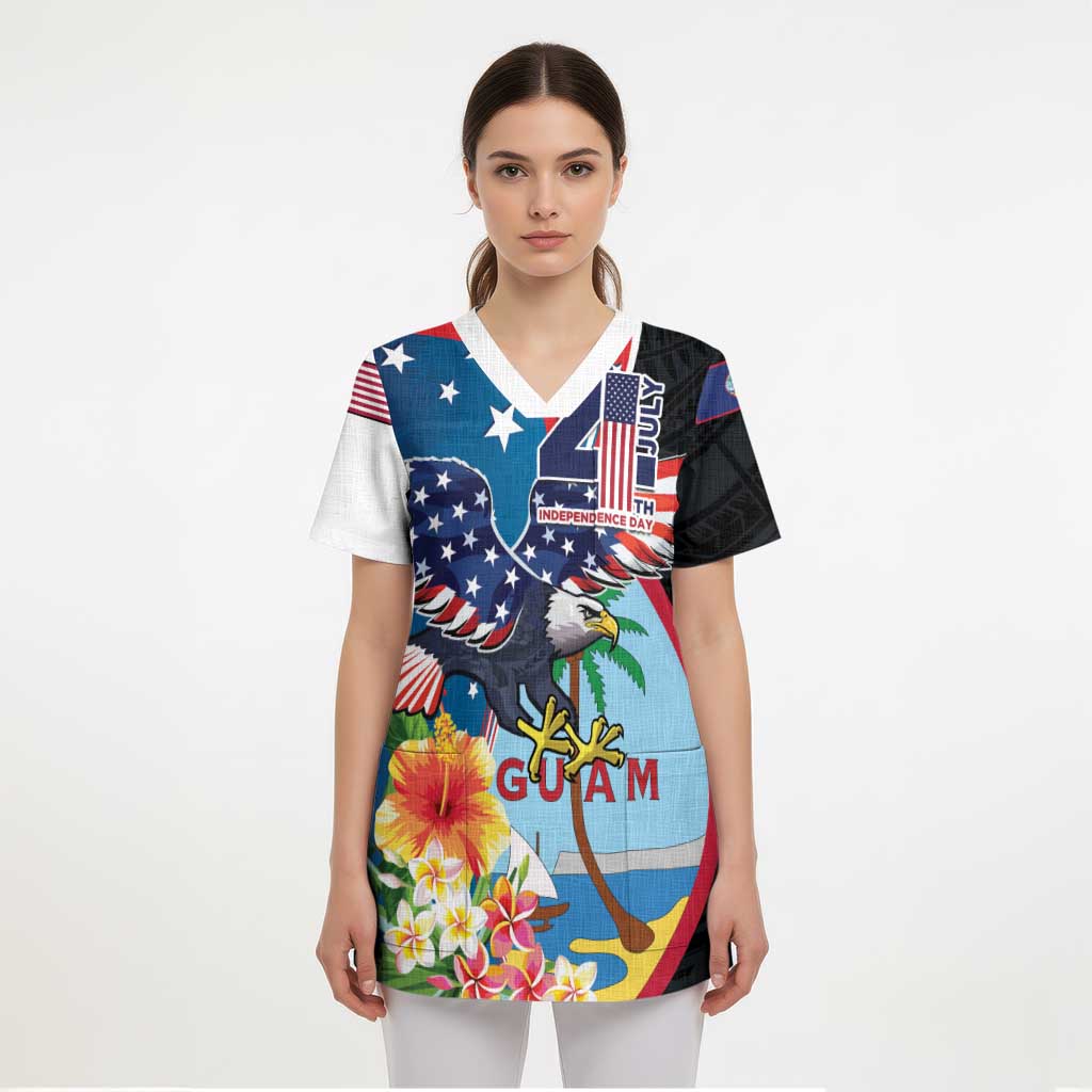 Personalized Guam Fourth of July Scrub Top Tropical Flowers LT01 - Polynesian Pride