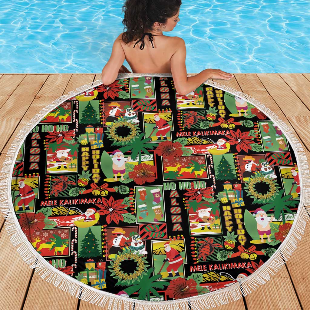 Hawaiian Santa Christmas Pattern Beach Blanket Black Version LT01 - Polynesian Pride