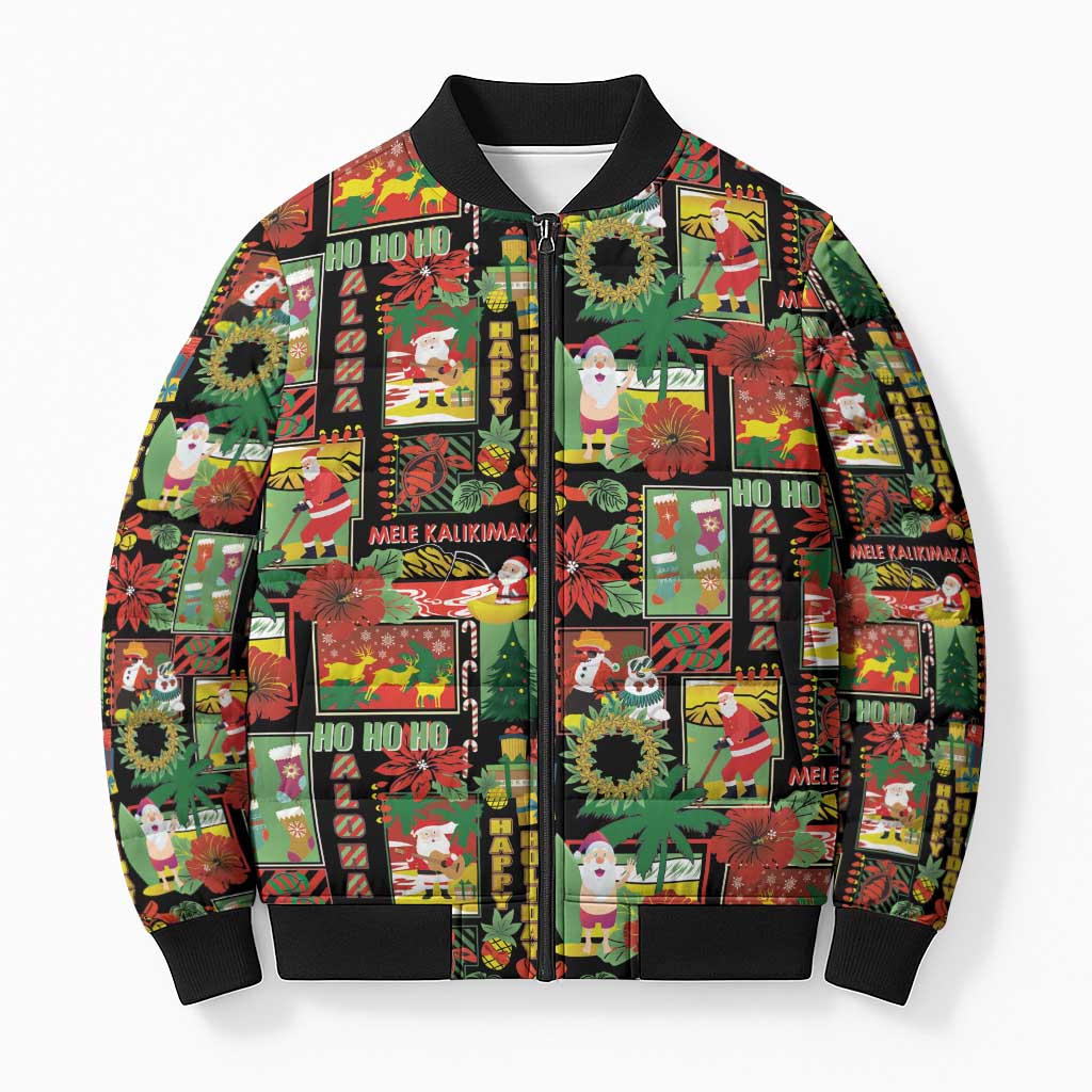 Hawaiian Santa Christmas Pattern Bomber Puffer Jacket Black Version LT01 Unisex Red - Polynesian Pride