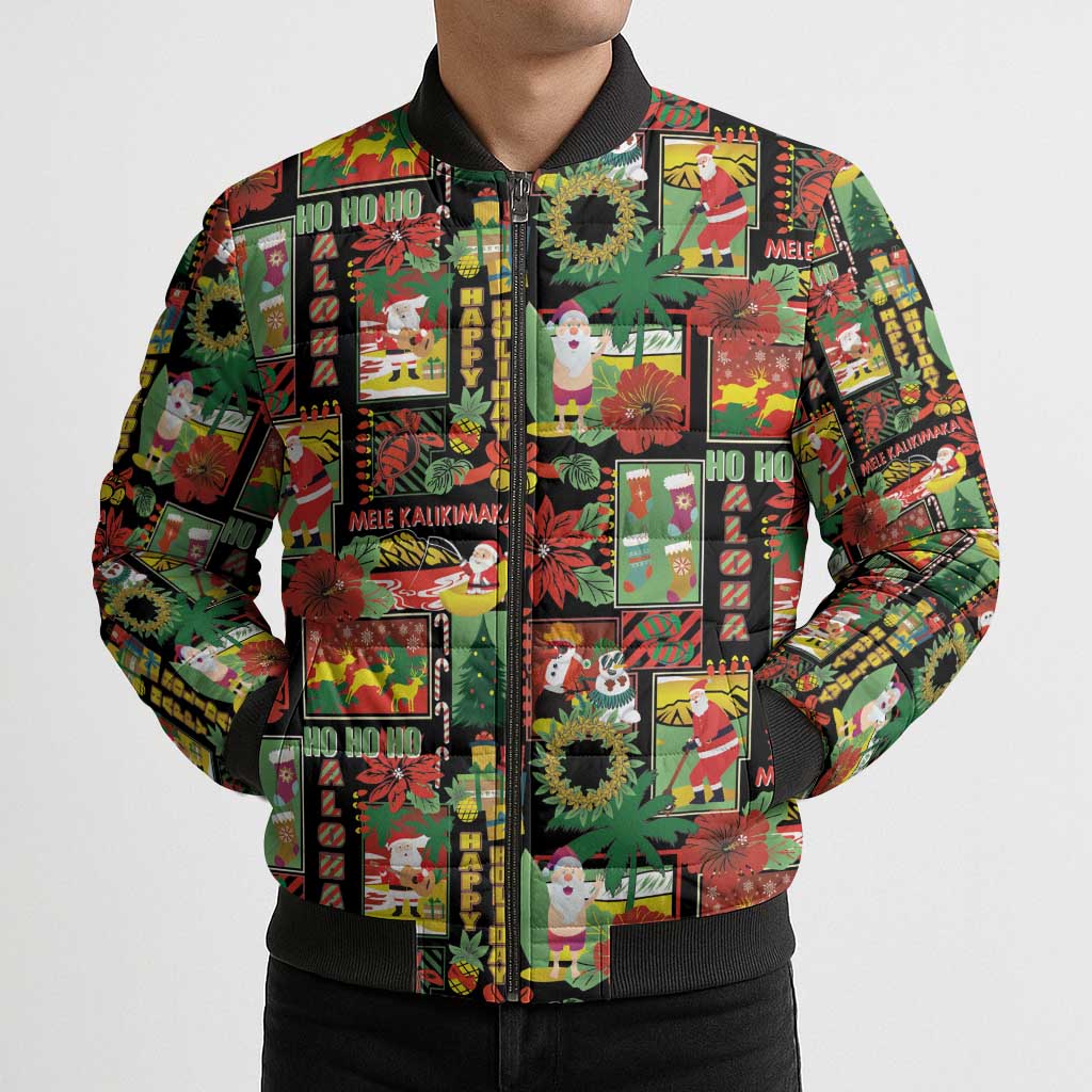 Hawaiian Santa Christmas Pattern Bomber Puffer Jacket Black Version LT01 - Polynesian Pride
