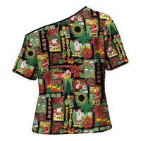 Hawaiian Santa Christmas Pattern Cross Shoulder Shirt Black Version LT01 - Polynesian Pride