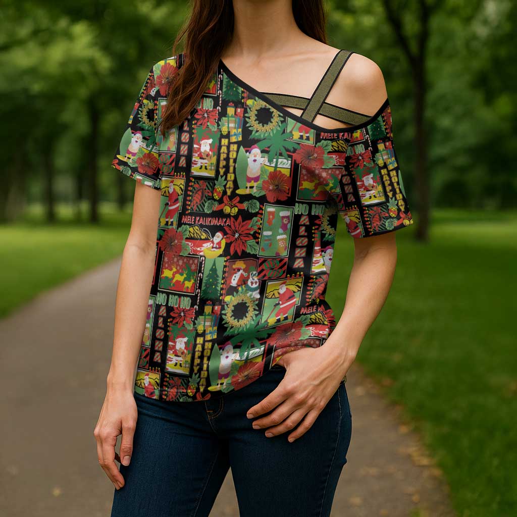 Hawaiian Santa Christmas Pattern Cross Shoulder Shirt Black Version LT01 - Polynesian Pride