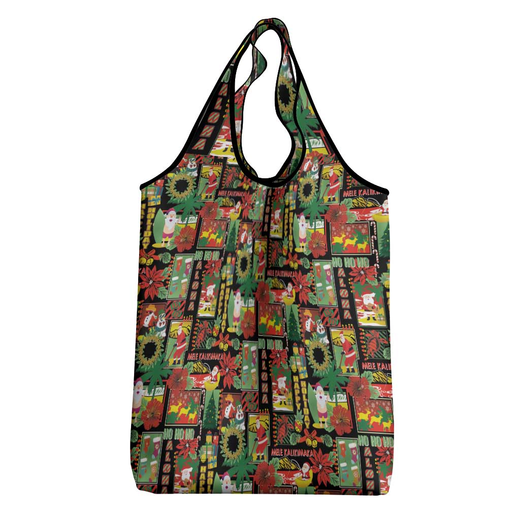 Hawaiian Santa Christmas Pattern Grocery Bag Black Version LT01 - Polynesian Pride