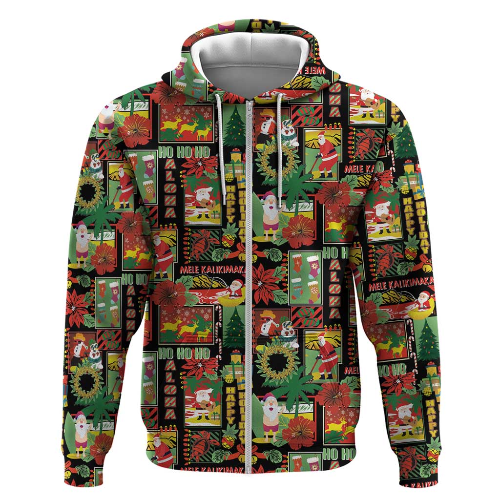 Hawaiian Santa Christmas Pattern Hoodie Black Version LT01 Zip Hoodie Red - Polynesian Pride