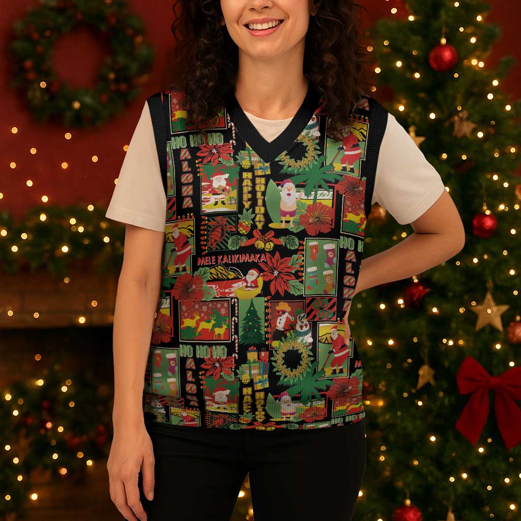 Hawaiian Santa Christmas Pattern Christmas Knitted V-Neck Vest Black Version LT01 - Polynesian Pride