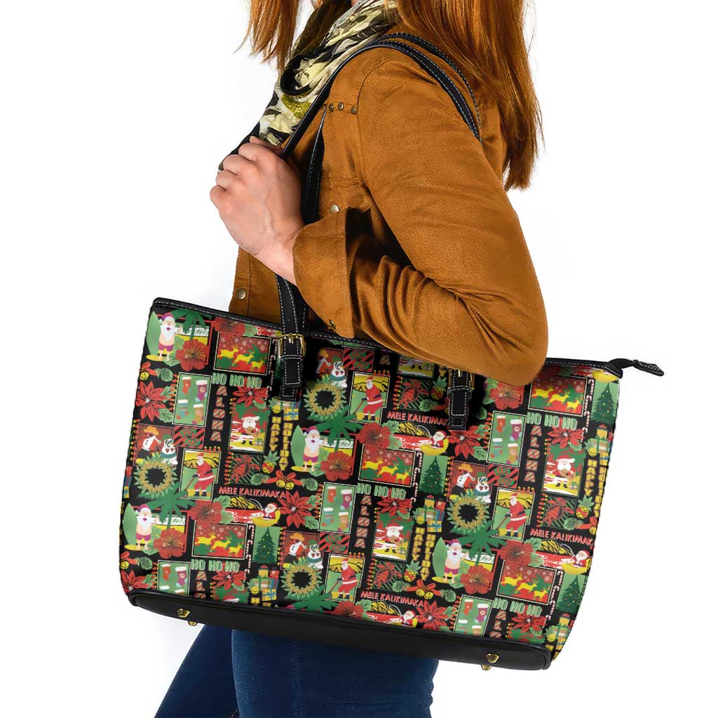 Hawaiian Santa Christmas Pattern Leather Tote Bag Black Version LT01 Red - Polynesian Pride