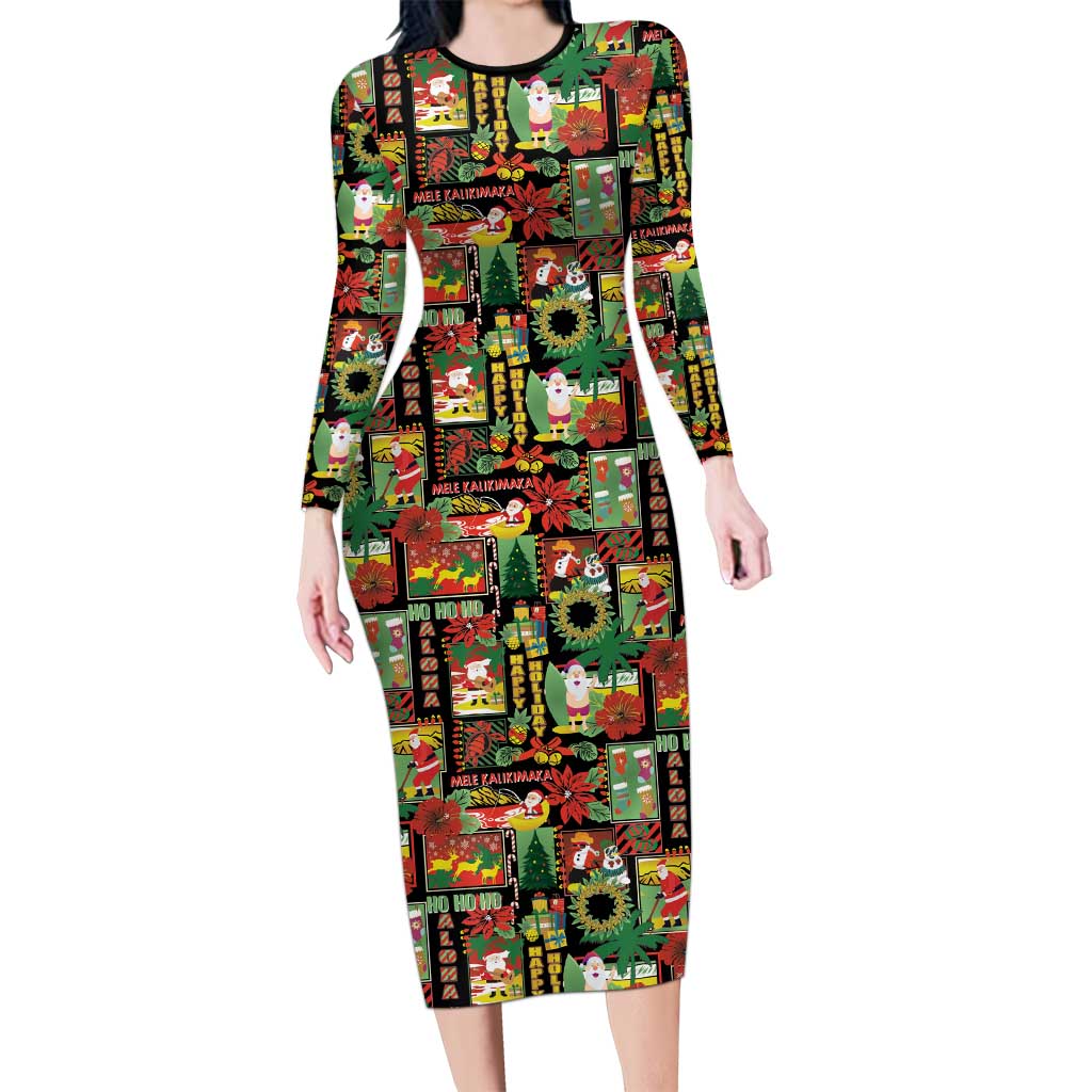 Hawaiian Santa Christmas Pattern Long Sleeve Bodycon Dress Black Version LT01 Long Dress Red - Polynesian Pride