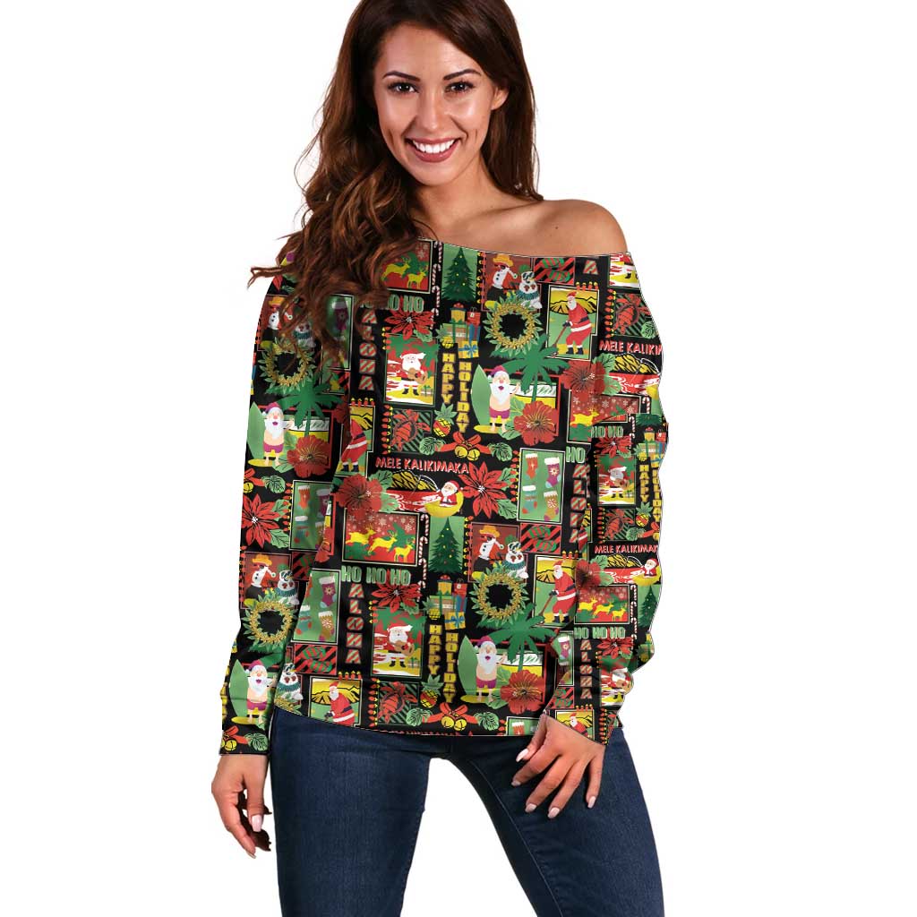 Hawaiian Santa Christmas Pattern Off Shoulder Sweater Black Version LT01 Women Red - Polynesian Pride