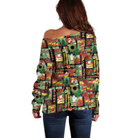 Hawaiian Santa Christmas Pattern Off Shoulder Sweater Black Version LT01 - Polynesian Pride
