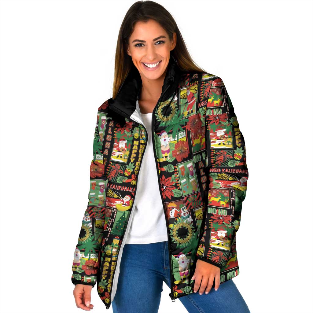 Hawaiian Santa Christmas Pattern Padded Jacket Black Version LT01 Women Red - Polynesian Pride