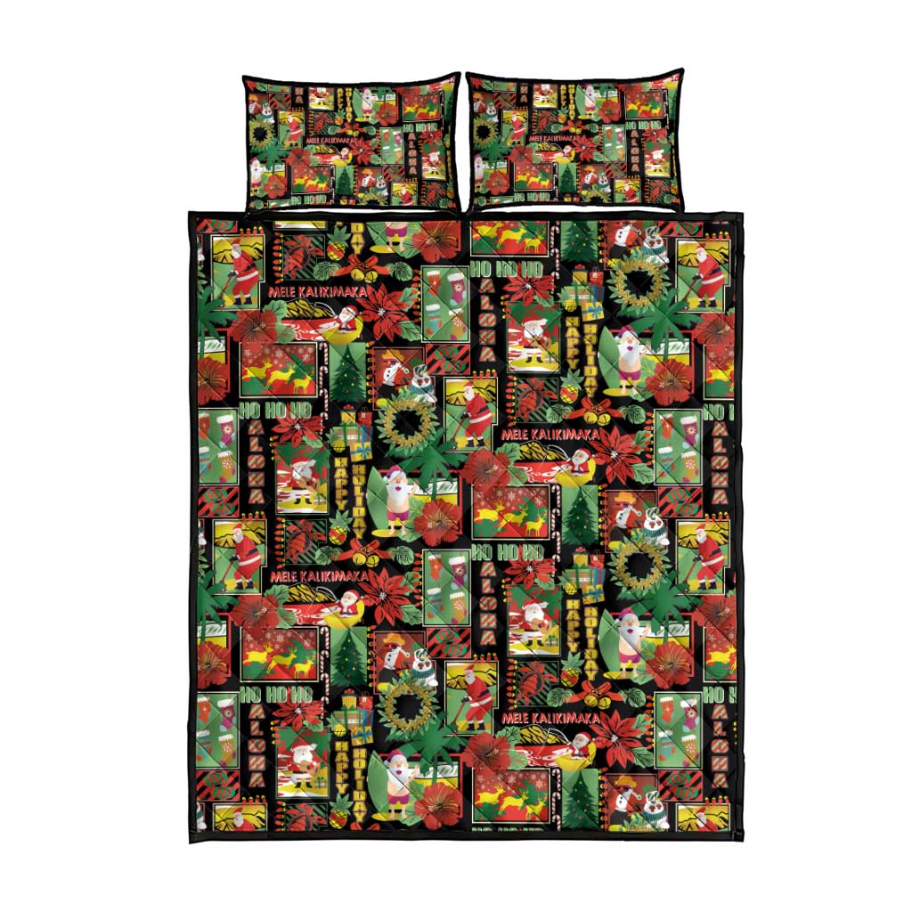 Hawaiian Santa Christmas Pattern Quilt Bed Set Black Version LT01 - Polynesian Pride