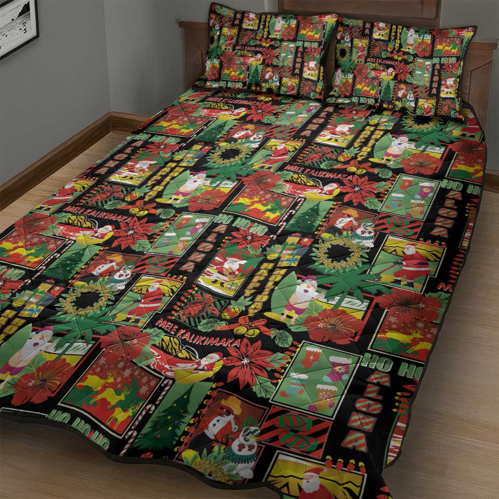 Hawaiian Santa Christmas Pattern Quilt Bed Set Black Version LT01 - Polynesian Pride