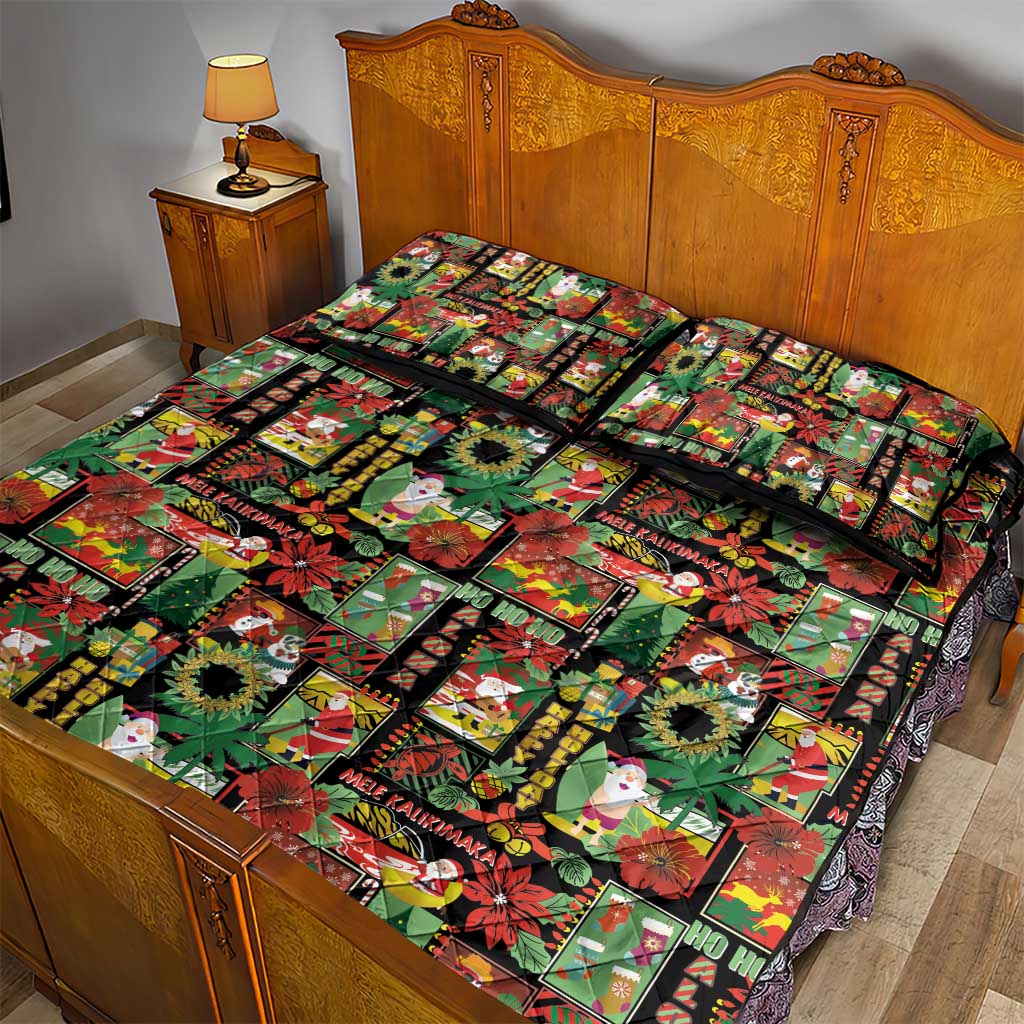 Hawaiian Santa Christmas Pattern Quilt Bed Set Black Version LT01 - Polynesian Pride