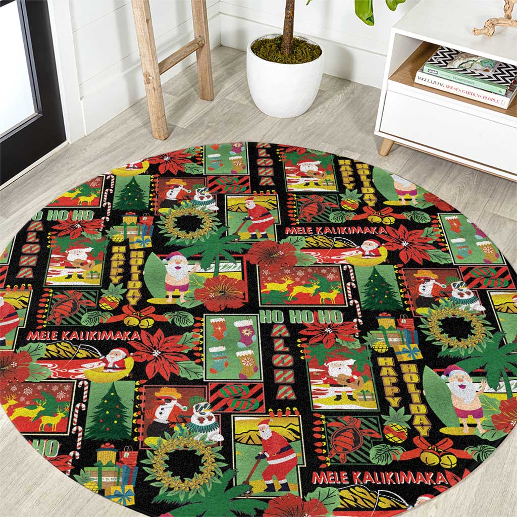 Hawaiian Santa Christmas Pattern Round Carpet Black Version LT01 Red - Polynesian Pride