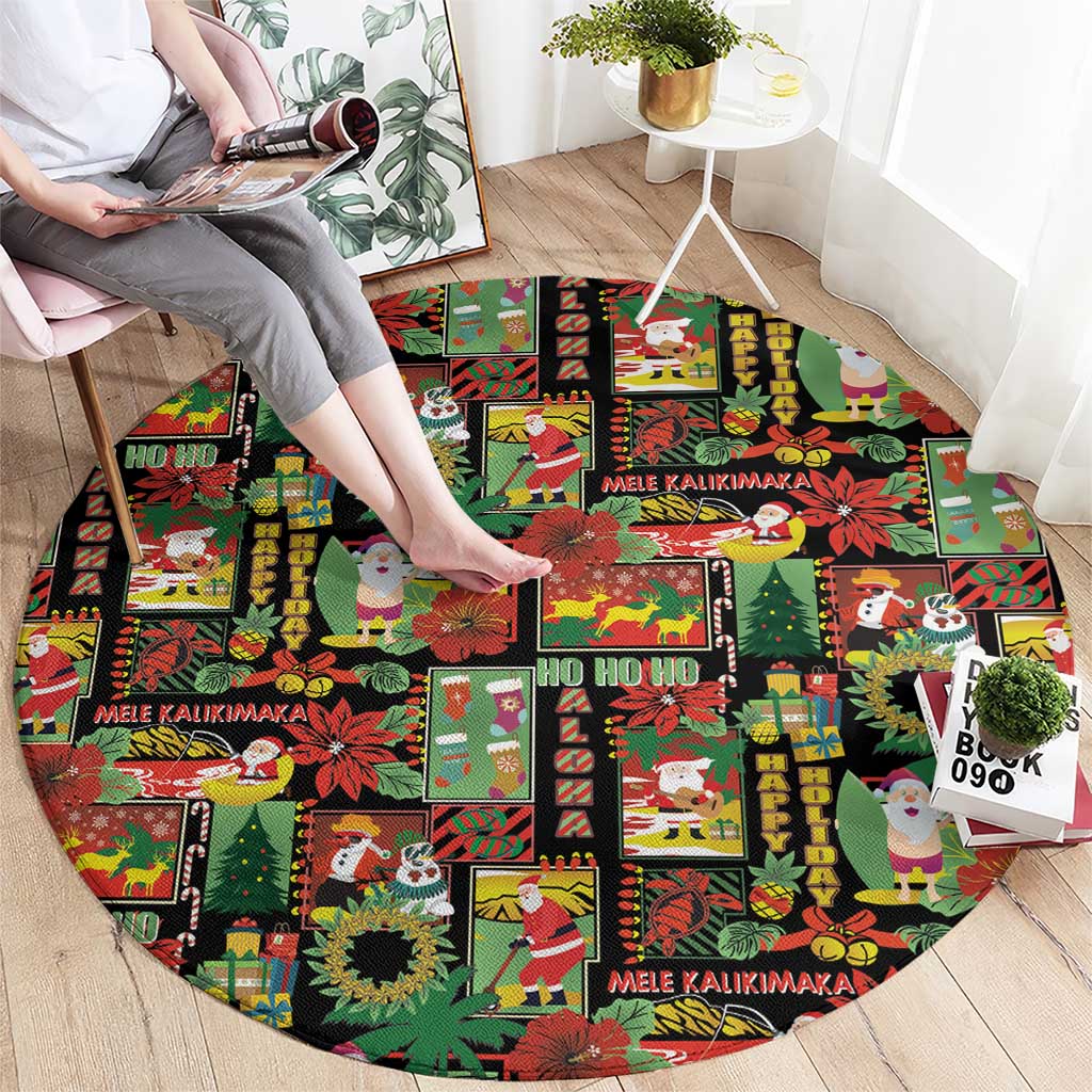 Hawaiian Santa Christmas Pattern Round Carpet Black Version LT01 - Polynesian Pride