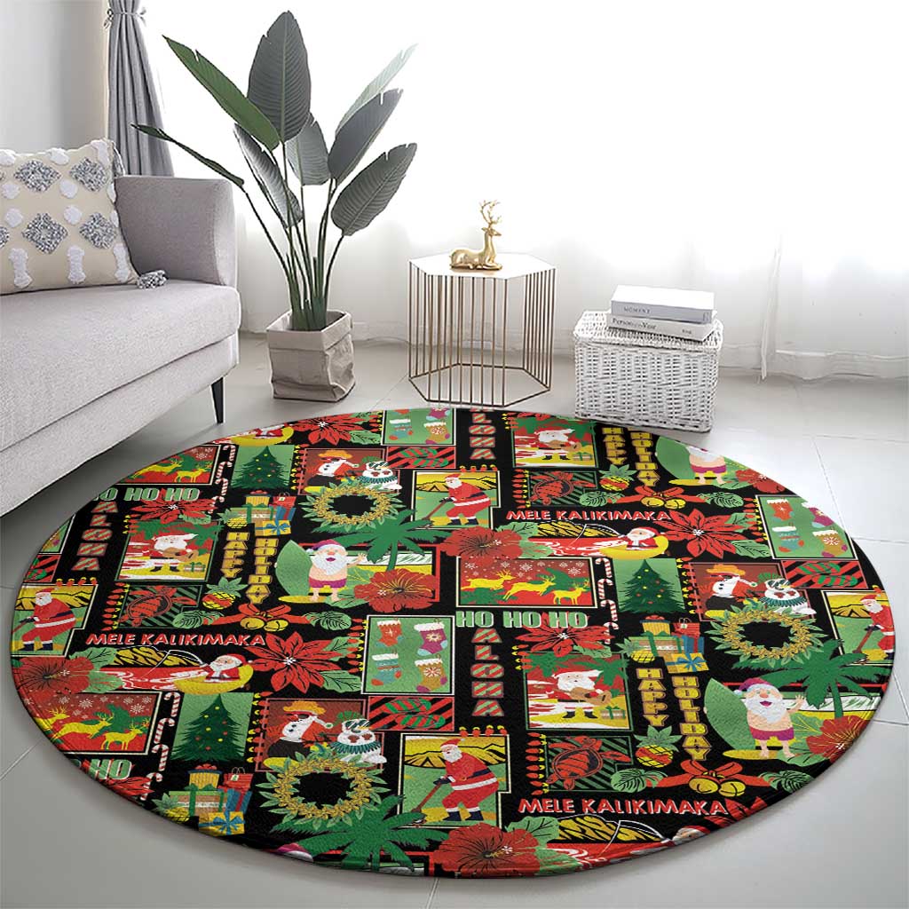 Hawaiian Santa Christmas Pattern Round Carpet Black Version LT01 - Polynesian Pride