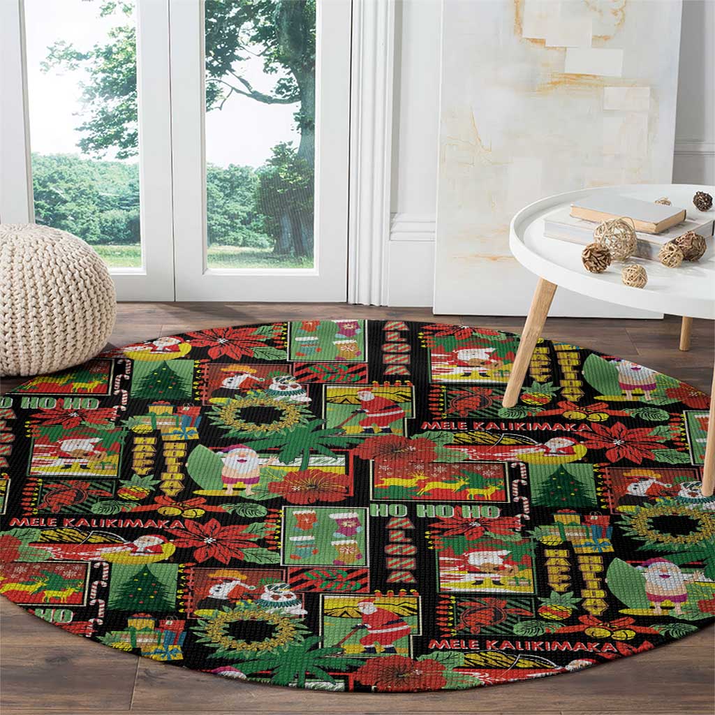 Hawaiian Santa Christmas Pattern Round Carpet Black Version LT01 - Polynesian Pride