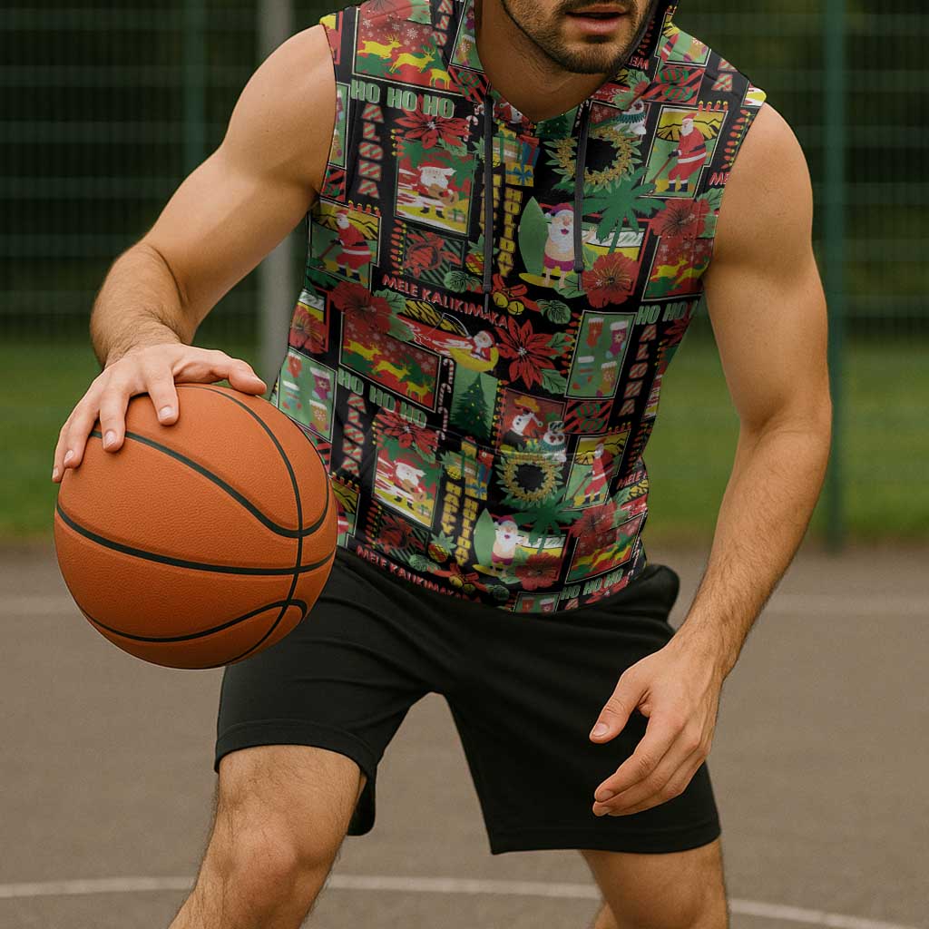 Hawaiian Santa Christmas Pattern Sleeveless Hoodie Black Version LT01 - Polynesian Pride