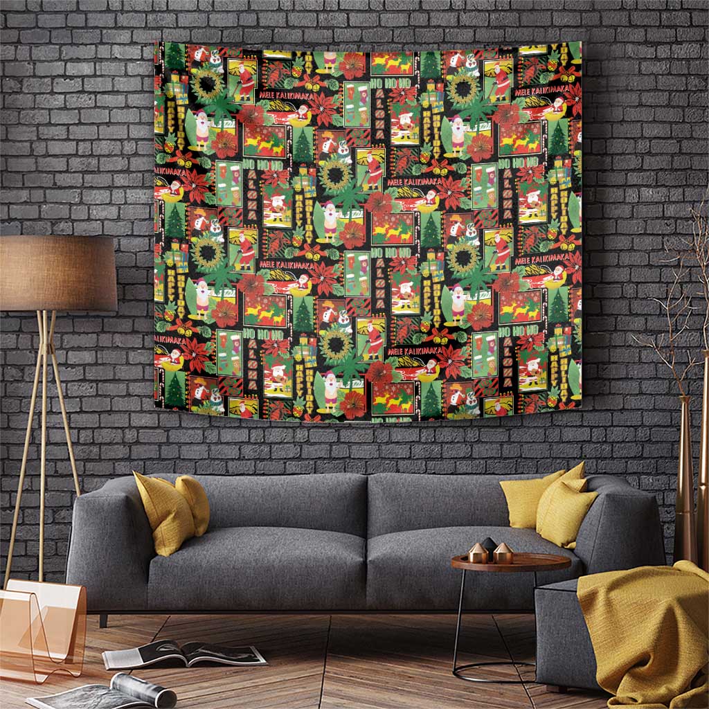 Hawaiian Santa Christmas Pattern Tapestry Black Version LT01 Red - Polynesian Pride