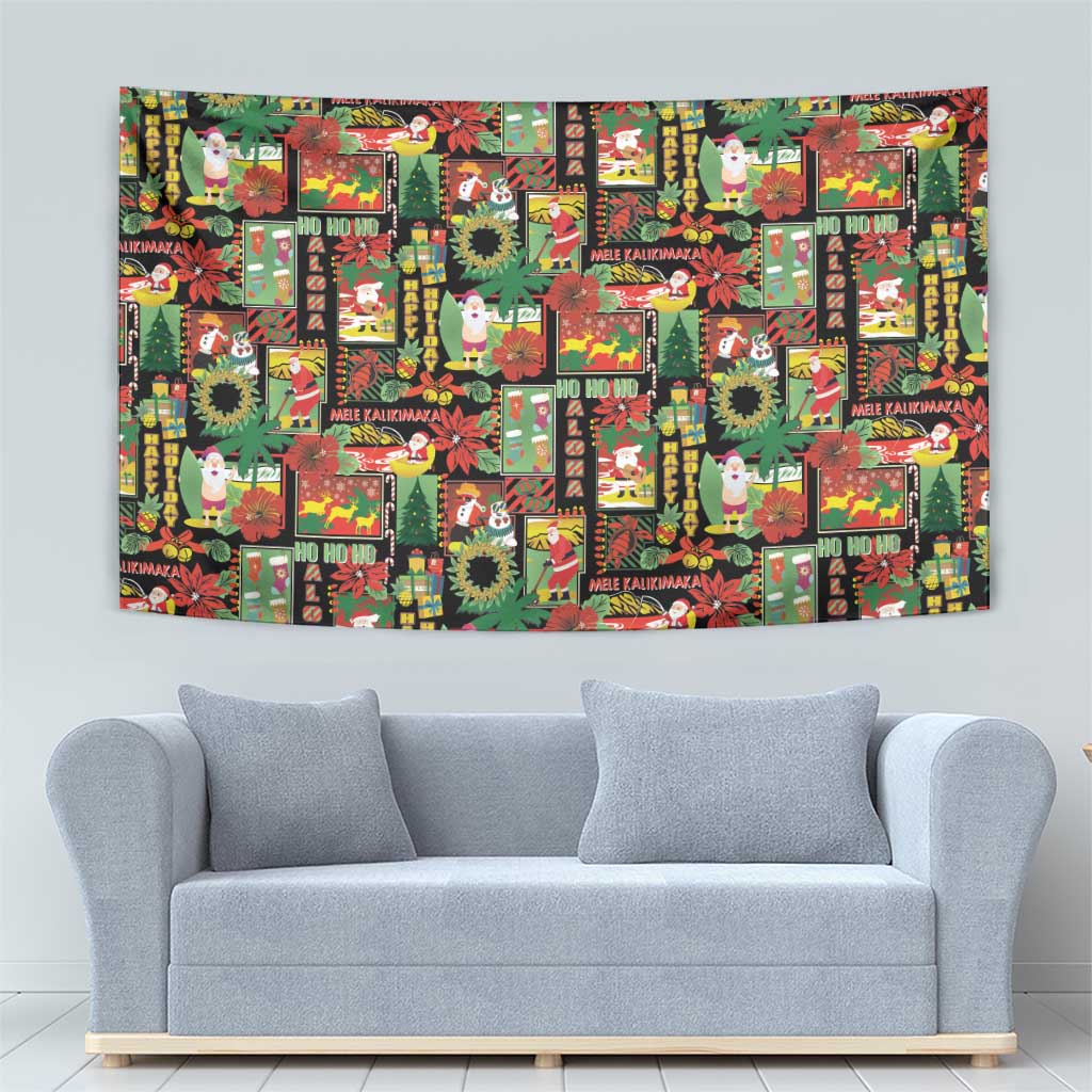 Hawaiian Santa Christmas Pattern Tapestry Black Version LT01 - Polynesian Pride