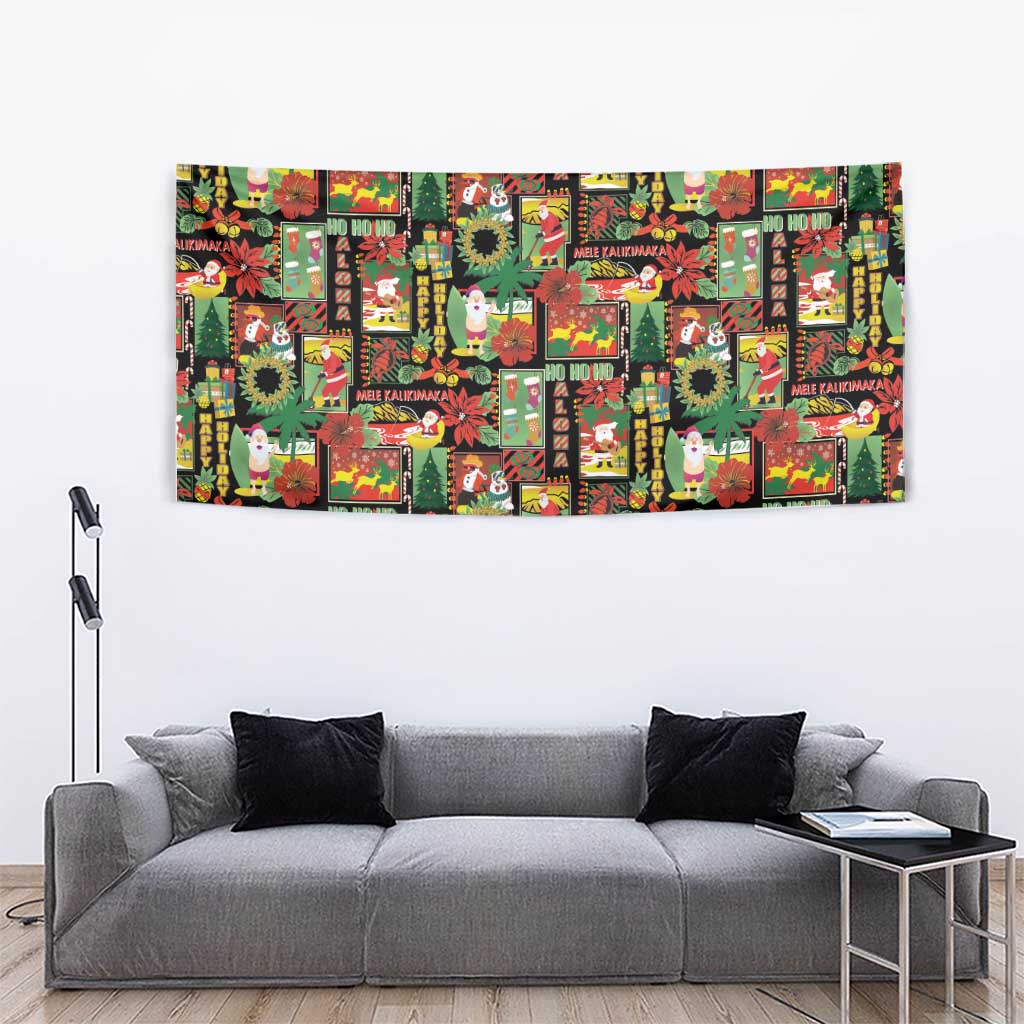 Hawaiian Santa Christmas Pattern Tapestry Black Version LT01 - Polynesian Pride