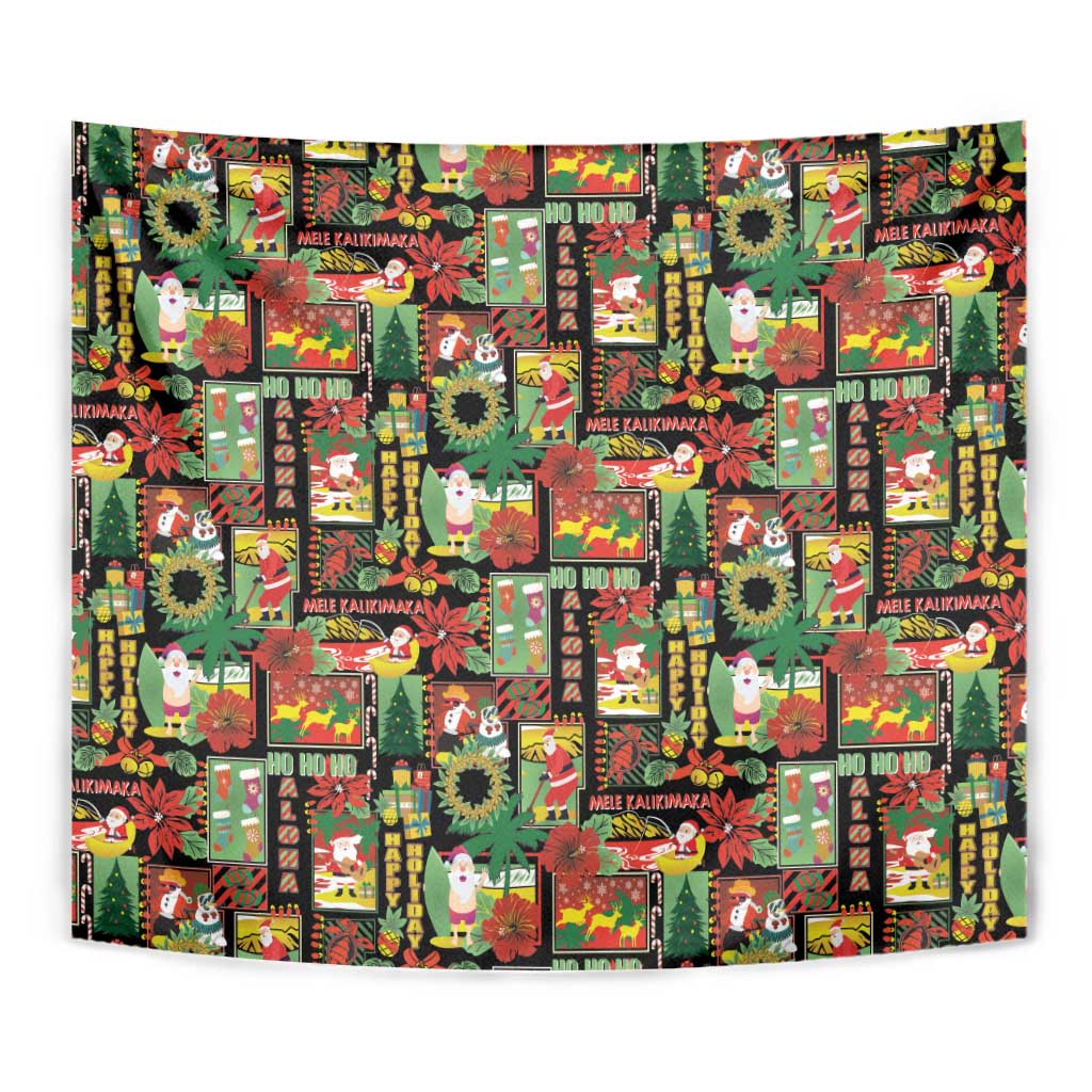 Hawaiian Santa Christmas Pattern Tapestry Black Version LT01 - Polynesian Pride