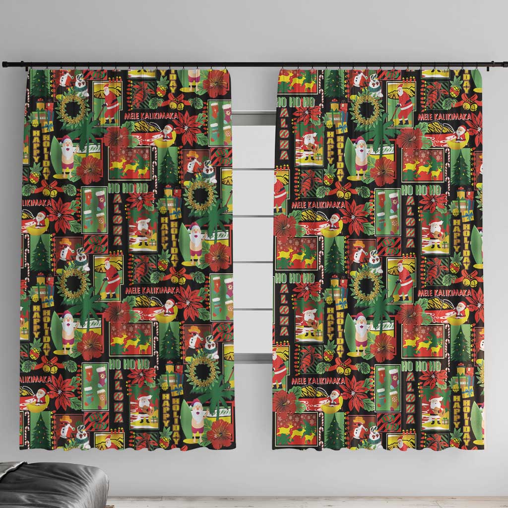 Hawaiian Santa Christmas Pattern Window Curtain Black Version LT01 With Hooks Red - Polynesian Pride