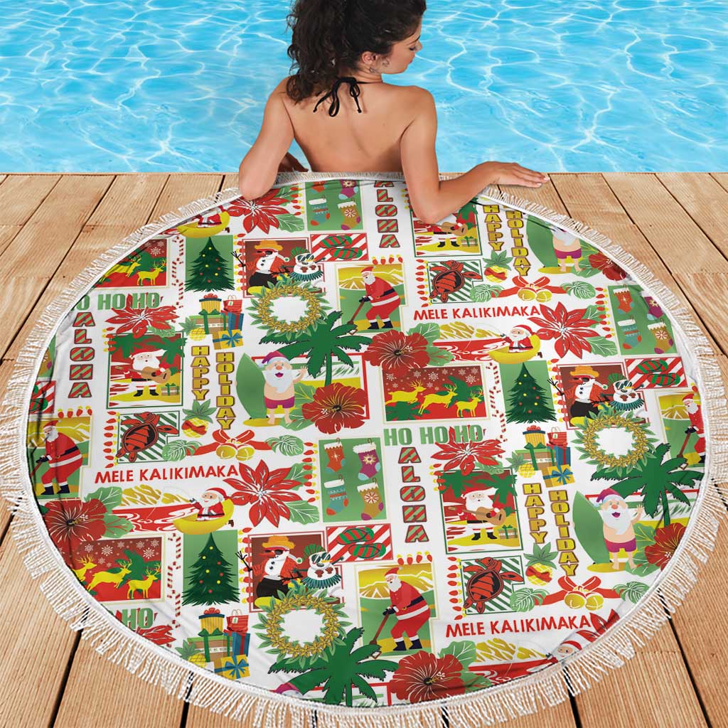 Hawaiian Santa Christmas Pattern Beach Blanket White Version LT01 - Polynesian Pride